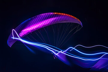 Neon silhouette of a paraglider flying in the sky isotated on black background.