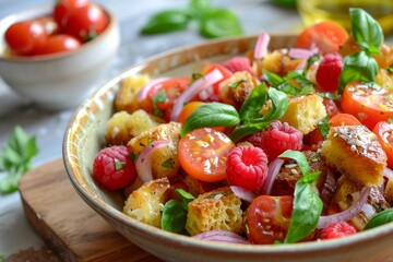 Summer salad with tomatoes raspberries basil red onion