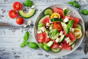Summer salad with watermelon avocado tomatoes and feta cheese on rustic white wood