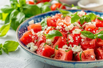 Summer salad with watermelon tomatoes feta and basil
