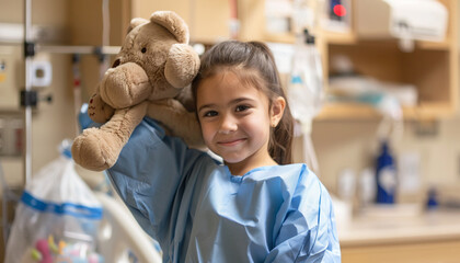 a young girl wearing a blue hospital gown, AI Generative.