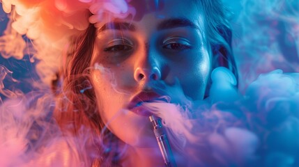 Vibrant smoke of various colors billows around the girl