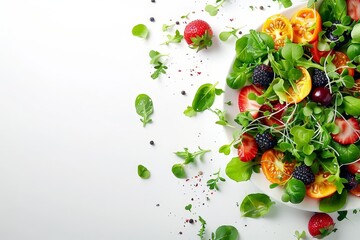Top view of fresh salad with fruits and greens on white background with space for text Healthy meal