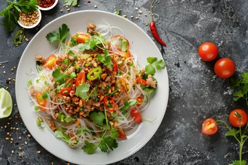 Deurstickers Thai salad with glass noodles pork in white plate © The Big L