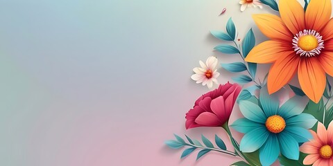Obraz premium A delicate arrangement of flowers and green foliage set against a soft, gradient background