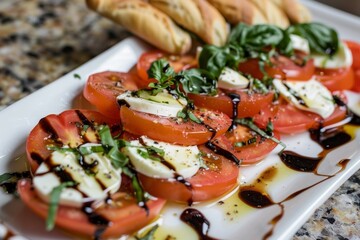 Tomatoes bocconcini basil breadsticks balsamic reduction