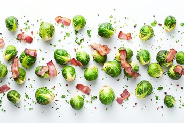 Top down view of bacon Brussels sprouts on white background