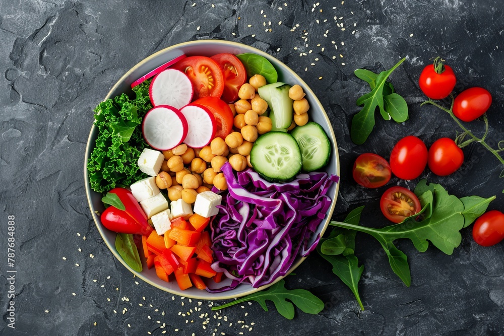 Wall mural Top view of Buddha bowl salad with various vegetables tofu cheese clean eating concept text space