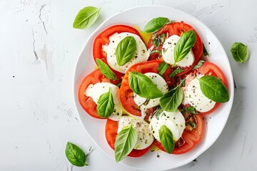 Top view of Caprese salad with tomato mozzarella basil and herbs on white plate
