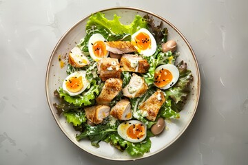 Top view of chicken Caesar salad with quail eggs isolated