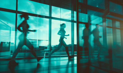 Fototapeta na wymiar People running for work in an office with an outside view, depicted in a cinematic composition with light white and teal colors.