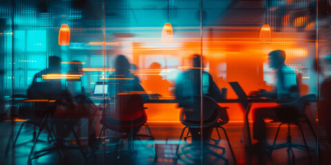 People are working at a conference room table, depicted in a motion blur panorama style with dark cyan and orange colors. - obrazy, fototapety, plakaty