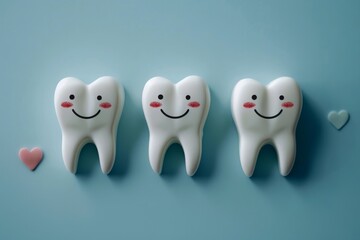 Teeth with smiles and hearts on a blue background.