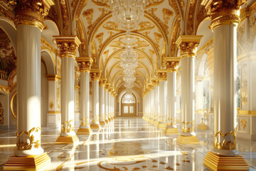 A fancy, gold interior design with columns in a spiritual landscape style with light white and brown colors.