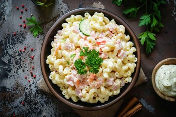 Top view of macaroni salad with ham crab stick cucumber romaine and mayo