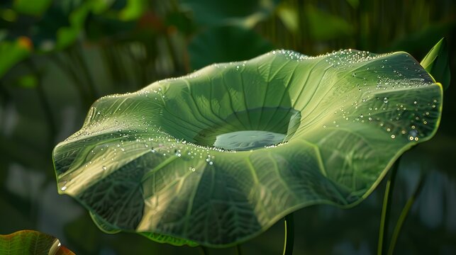 Vivid green lotus leaf with dewdrops, ultra HD, super detail, realistic photographic art.