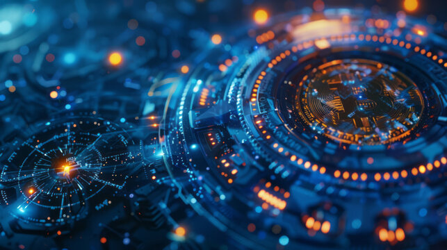 A symbol on a blue background is illuminated in light, depicted in a greeble style with digital illustration, circular shapes, and a thick texture.