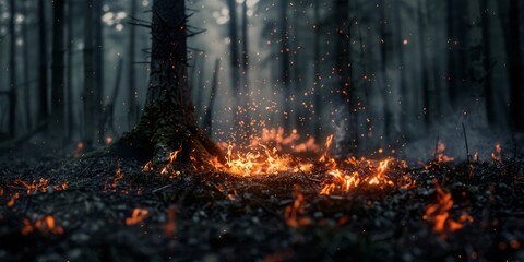 A fire burns in a cold forest, depicted with selective focus in an outdoor scene. - obrazy, fototapety, plakaty