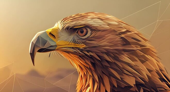 Craft a striking low-angle view of a majestic eagle in a mesmerizing low poly wireframe style Combine warm sunset hues and intricate geometric lines for an awe-inspiring digital rendering