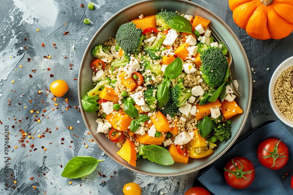 Wall mural top view of salad with couscous pumpkin broccoli feta