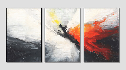 Modern minimalist abstract hand drawn oil painting triptych, creative illustration for mural, wallpaper, decoration, poster, cover design
