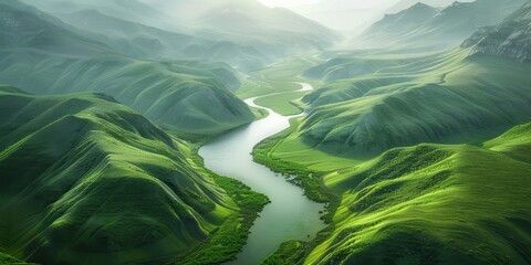 A river in the middle of a green valley with graceful lines, eco-friendly craftsmanship, and romanticized depictions of wilderness. - obrazy, fototapety, plakaty