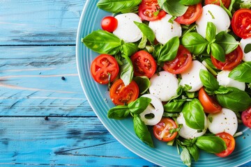 Top view of salad made with mozzarella and fresh veggies on blue wooden background with space for text