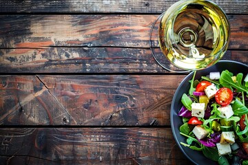 Top view of salad and white wine on wooden table - obrazy, fototapety, plakaty