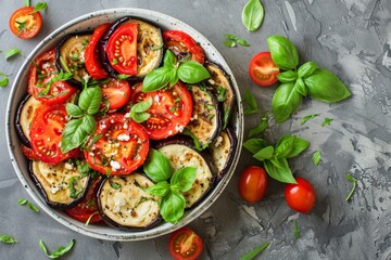 Top view of salad with baked eggplant and fresh tomatoes