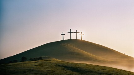 Crosses atop a hill, shrouded in mist. A powerful and evocative image symbolizing faith, sacrifice, and redemption. - obrazy, fototapety, plakaty