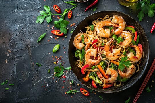 Top view of stir fried shrimp and vegetable noodles in a wok on a dark table