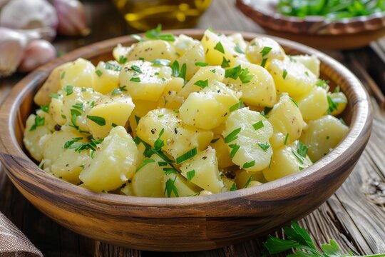 Traditional German potato salad made in a farmhouse kitchen