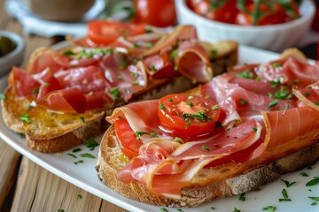 Traditional Spanish toast with tomato and jamon served for breakfast or lunch