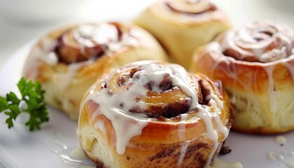 Traditional sweet buns with cream sauce close up photo on white background - obrazy, fototapety, plakaty