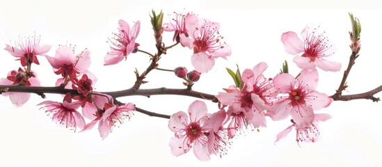 Spring sprigs with pink flowers, devoid of leaves, blossoming almond branch set against a white backdrop.