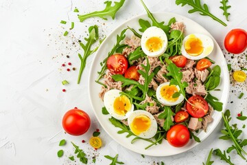 Tuna salad with eggs tomatoes and arugula on white background Healthy meal