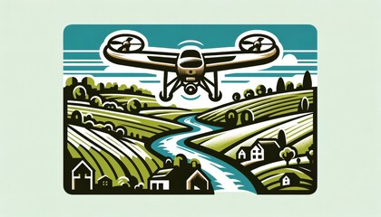 Modern Drone Over Rural Countryside - Agriculture and Technology Integration Concept