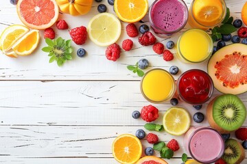 Various fresh fruit and berry drinks on white wood background with space for text