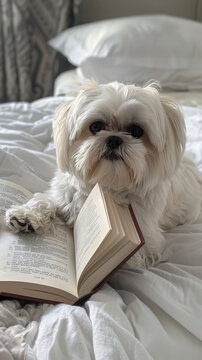 A cute white Shih-Tzu dog lying on the bed, holding an book in its paws with its head up while looking at you