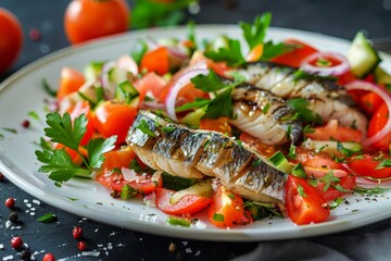 Vegetable and herring fish salad on a plate for snacking