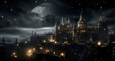 a castle with snow and stars and the sky is lit up