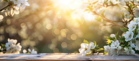 White blossoms and sunbeams in front of a wooden table set against a spring background.