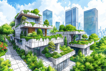 Illustration drawing of a highrise eco building development in a modern ecology conscious city with gardens and roof top plantings. - obrazy, fototapety, plakaty