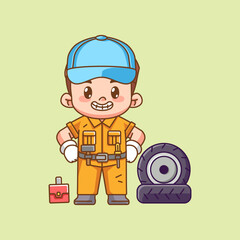 Cute confident mechanic with tool at workshop kawaii chibi character mascot illustration outline style design