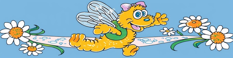 Obraz premium Cheerful Cartoon Dragonfly with Daisy Flower - Charming Insect Character Illustration in Sky Blue Background