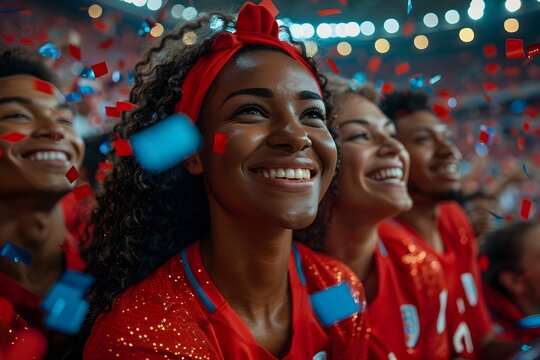 Mujer africana con pelo negro rizado sonriendo feliz apoyando a los deportistas de su pais en la competencia en el estadio, al fondo mas personas celebrando. Olimpiadas 2024