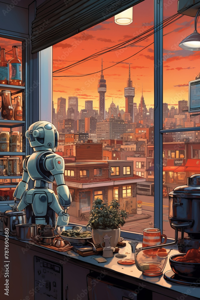 Poster a robot is standing in front of a window looking out at a city