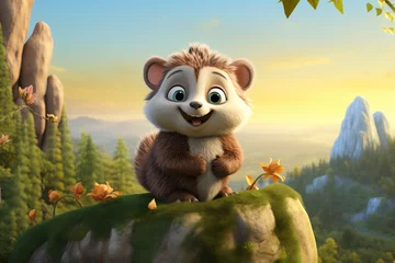 Poster A cartoon bear is sitting on a rock with a smile on its face © Wonderful Studio