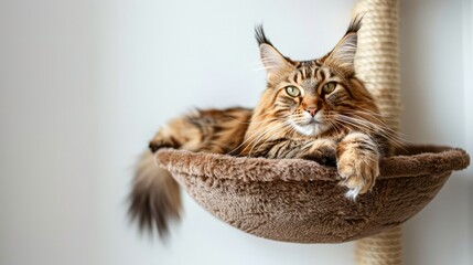 Adorable Maine Coon on cat tree near light wall at home. Space for text