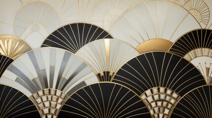 tile featuring faninfluenced designs in gold and black, in the style of art deco glamour